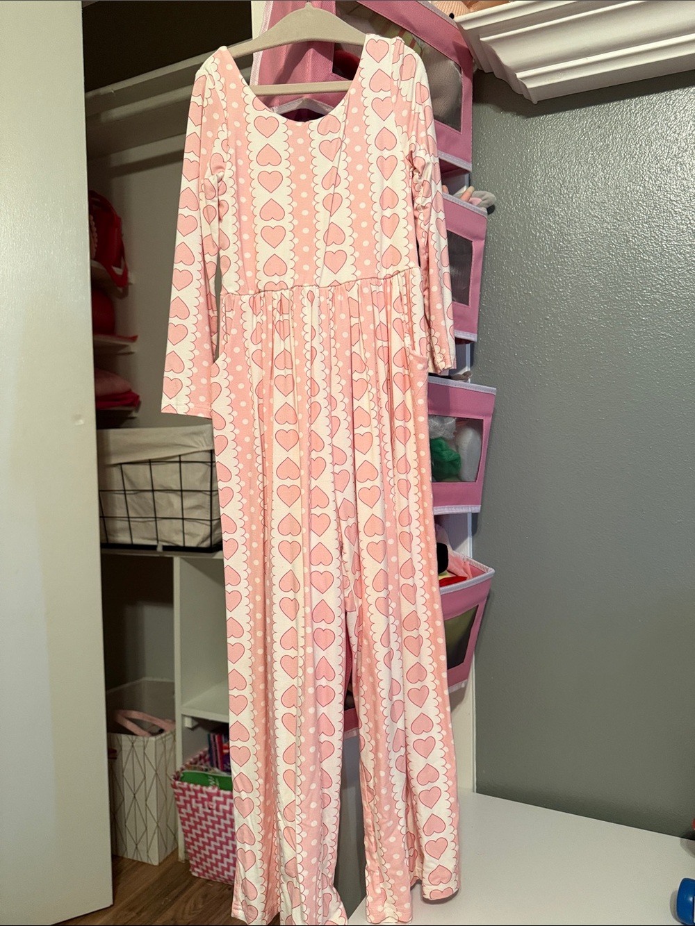 Pink Heart Print Long Sleeve Flowy Romper